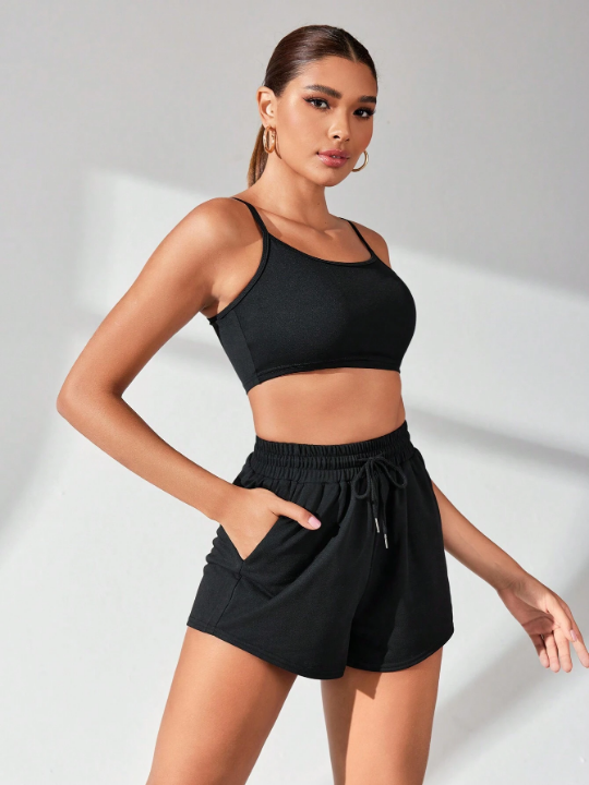 Daily&Casual Ladies' Solid Color Drawstring Waist Short Pants With Camisole Sports Set