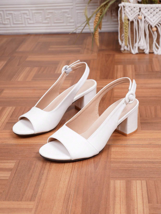 Women's Peep-Toe Chunky Heel Sandals With Back Strap, Easy-Going Style, White High-Heel Sandals