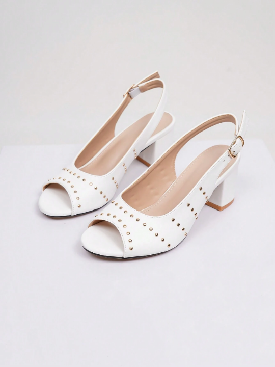 Women's Low-Cut Fish Mouth And Thick-Heeled Sandals With Rear Strap, Casual White High-Heeled Sandals