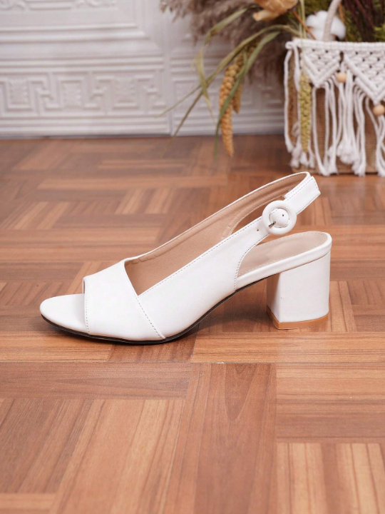 Women's Peep-Toe Chunky Heel Sandals With Back Strap, Easy-Going Style, White High-Heel Sandals