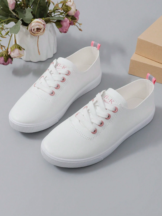 2024 Spring And Autumn Collection Women's Casual Sports Shoes Round Toe Lace-Up Skateboard Shoes With Pink Shoelace Holes