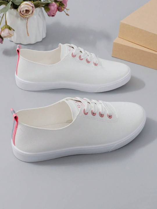 2024 Spring And Autumn Collection Women's Casual Sports Shoes Round Toe Lace-Up Skateboard Shoes With Pink Shoelace Holes