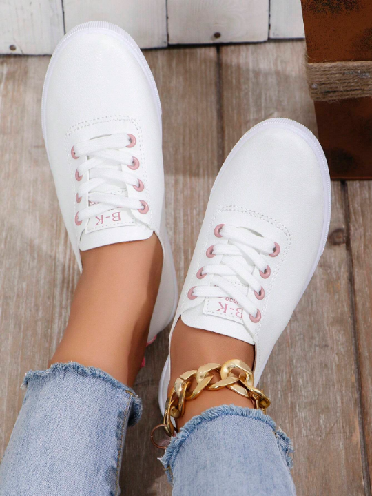 2024 Spring And Autumn Collection Women's Casual Sports Shoes Round Toe Lace-Up Skateboard Shoes With Pink Shoelace Holes