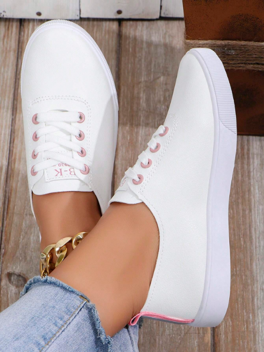 2024 Spring And Autumn Collection Women's Casual Sports Shoes Round Toe Lace-Up Skateboard Shoes With Pink Shoelace Holes