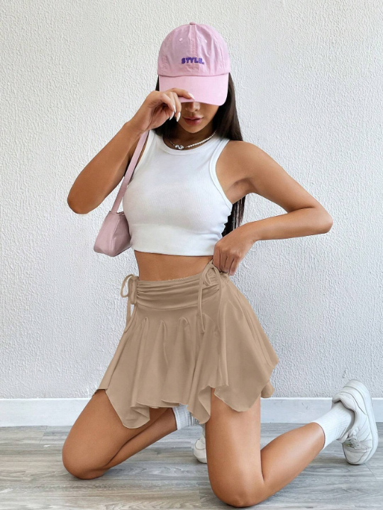 EZwear Solid Color Side Drawstring Pleated Asymmetrical Hem Shorts