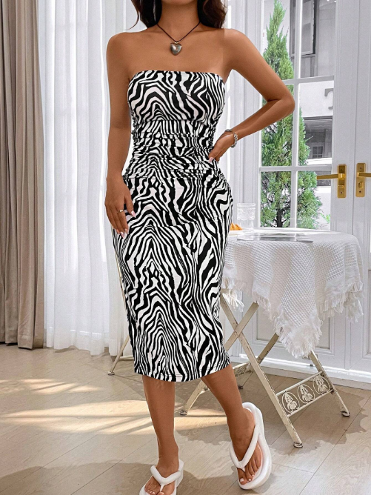 EZwear Zebra Print Knitted Bandeau Bodycon Dress