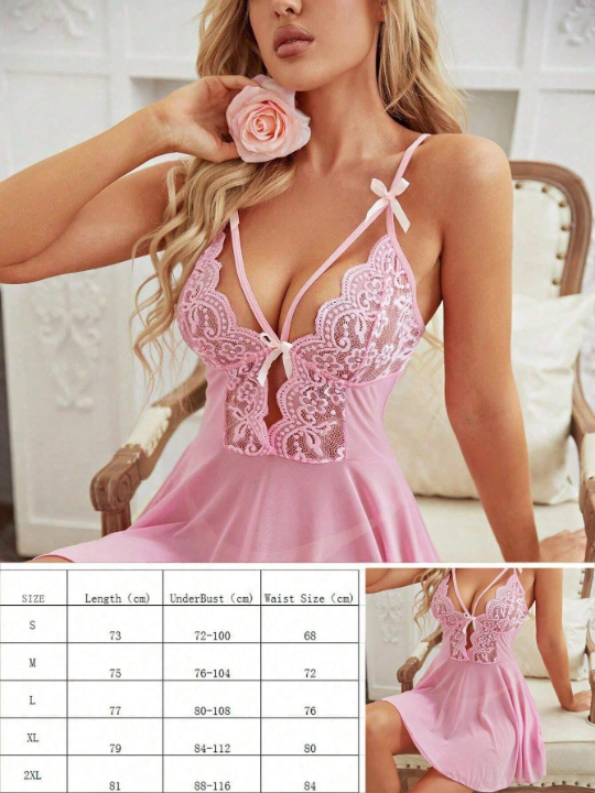 1pc Sexy Lace Patchwork See-Through Cami Lingerie Dress With G-String