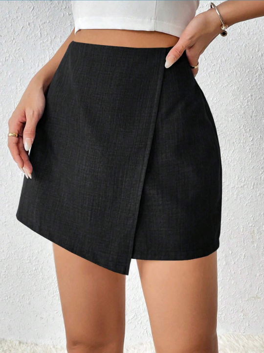 Priv Solid Color Asymmetrical Wrap Hem Mini Skirt Shorts