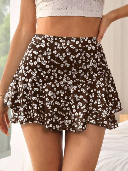 VCAY Ditsy Floral Print Two Layer Beach Summer Hem Mini Skirt