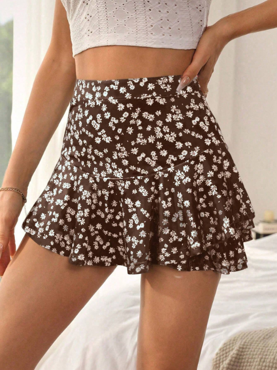 VCAY Ditsy Floral Print Two Layer Beach Summer Hem Mini Skirt