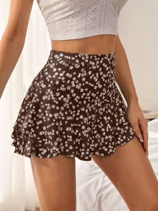 VCAY Ditsy Floral Print Two Layer Beach Summer Hem Mini Skirt