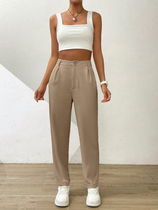 Essnce Solid Color Pleated Tapered Casual Pants