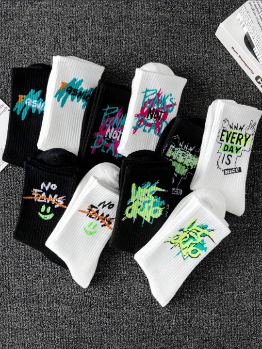 10pairs Random Style Multicolor Unisex Creative Graffiti Trendy Mid-Calf Socks For Daily Wear, Couple Socks