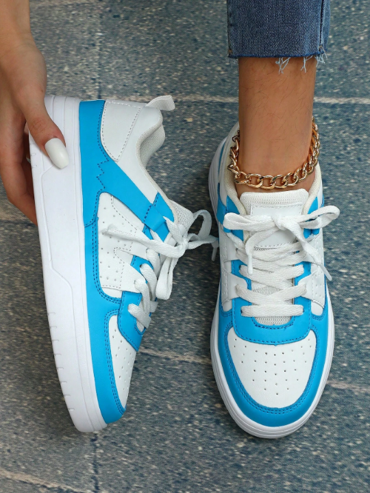 White & Blue Fresh & Beautiful Outdoor Women's Sport Skate Shoes, Fashionable, Comfortable, Soft, Flat Shoes For Walking