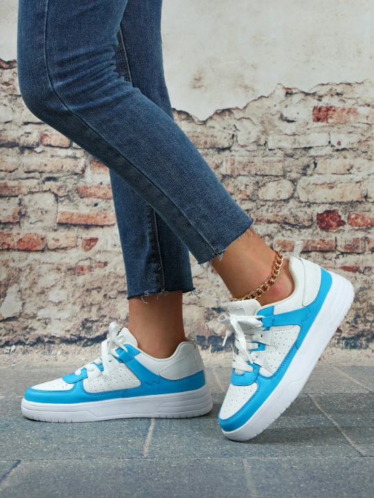 White & Blue Fresh & Beautiful Outdoor Women's Sport Skate Shoes, Fashionable, Comfortable, Soft, Flat Shoes For Walking