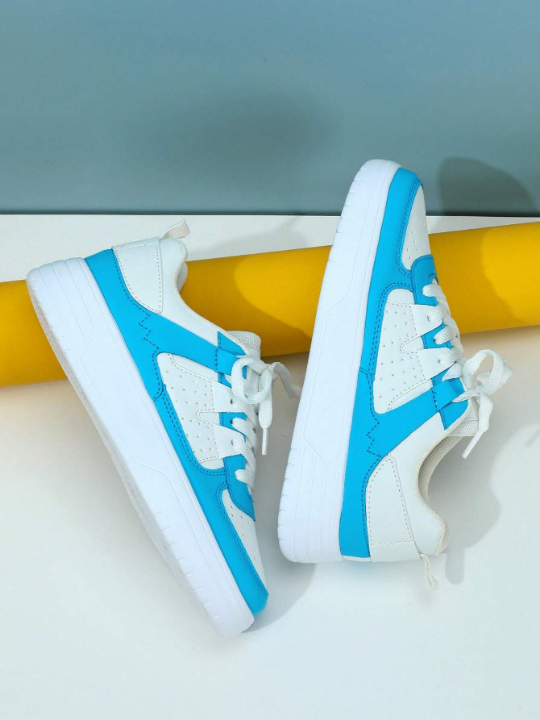 White & Blue Fresh & Beautiful Outdoor Women's Sport Skate Shoes, Fashionable, Comfortable, Soft, Flat Shoes For Walking