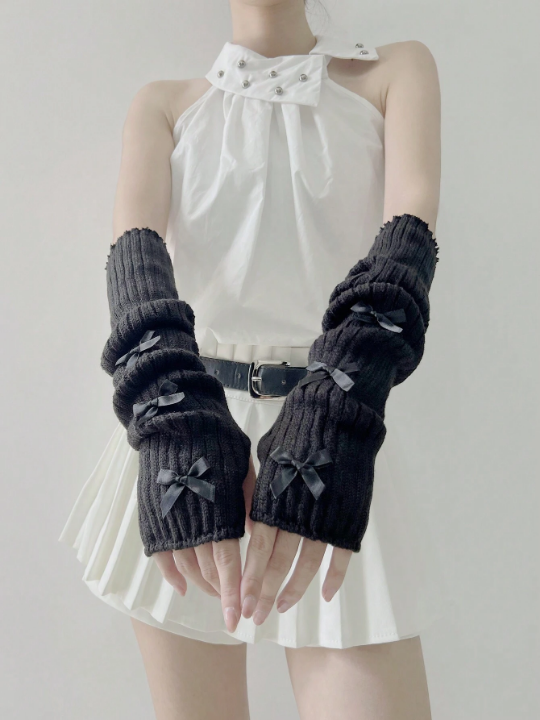 1 Pair Fashionable Y2k Ballet Flats Style Bowknot Arm Warmers Fingerless Gloves Available In Gothic & Punk Knitted Gloves Suit For Cosplay/Party/Date/Music Festival, Spring/Summer