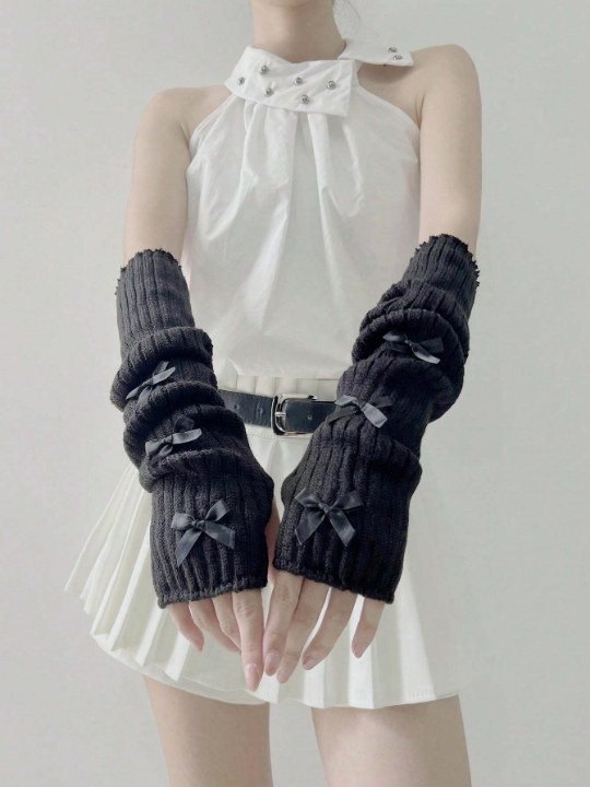 1 Pair Fashionable Y2k Ballet Flats Style Bowknot Arm Warmers Fingerless Gloves Available In Gothic & Punk Knitted Gloves Suit For Cosplay/Party/Date/Music Festival, Spring/Summer