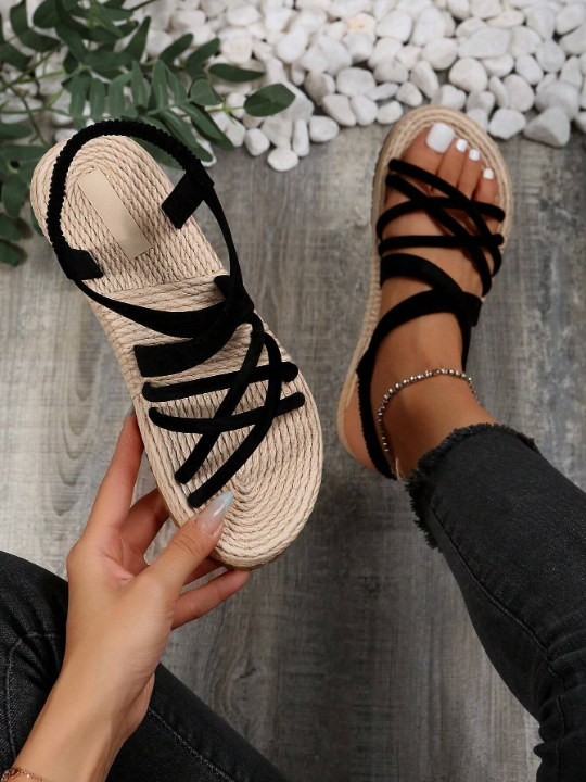 Women's Lightweight, Round Toe, Anti-Slip Linen Sandals, Simple Style, Suitable For Youth, Daily, Summer