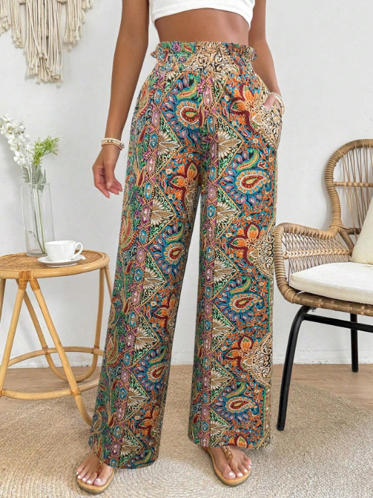 PETITE Botanical Printing Patchwork Paper Bag Waist Wide Leg Pants