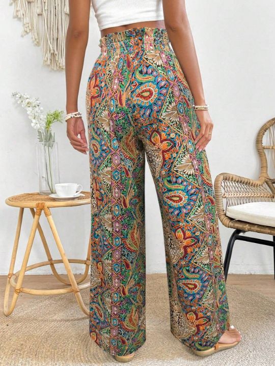 PETITE Botanical Printing Patchwork Paper Bag Waist Wide Leg Pants