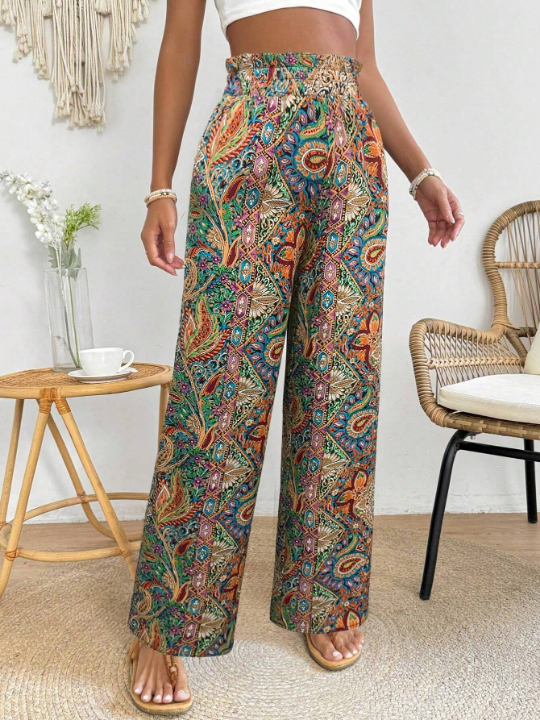 PETITE Botanical Printing Patchwork Paper Bag Waist Wide Leg Pants