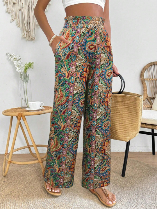 PETITE Botanical Printing Patchwork Paper Bag Waist Wide Leg Pants