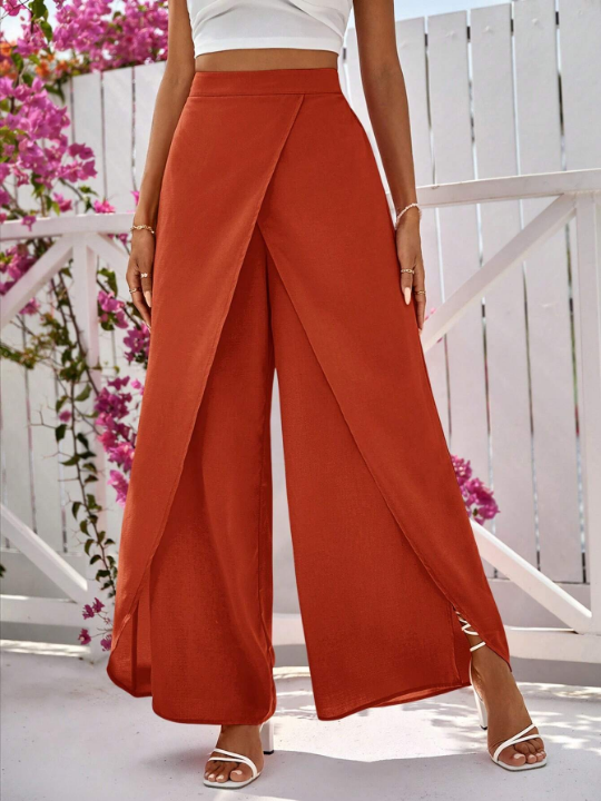 VCAY Women's Solid Color Wrap Wide Leg Pants