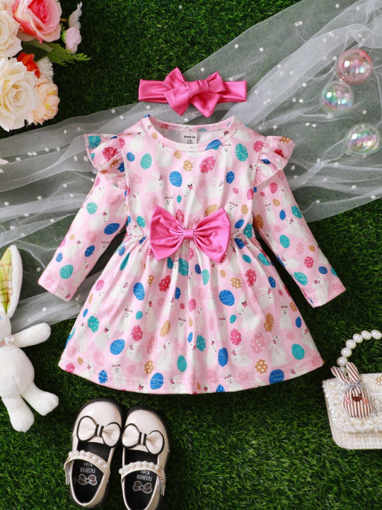 Easter Bunny & Egg Printed Ruffle Hem Dress With Decorative Bowknot For Baby Girls