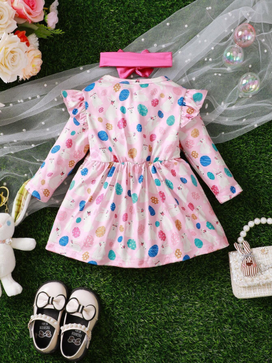 Easter Bunny & Egg Printed Ruffle Hem Dress With Decorative Bowknot For Baby Girls