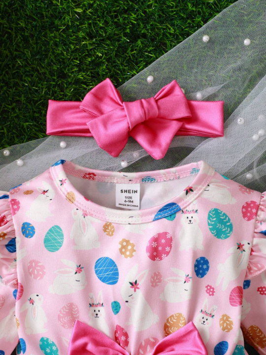 Easter Bunny & Egg Printed Ruffle Hem Dress With Decorative Bowknot For Baby Girls