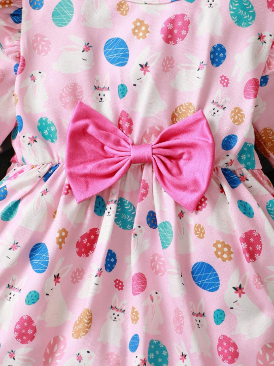 Easter Bunny & Egg Printed Ruffle Hem Dress With Decorative Bowknot For Baby Girls