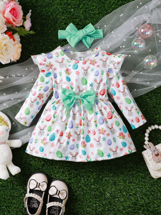 Baby Girls' Easter Bunny & Egg Printed Dress With Bow Decoration