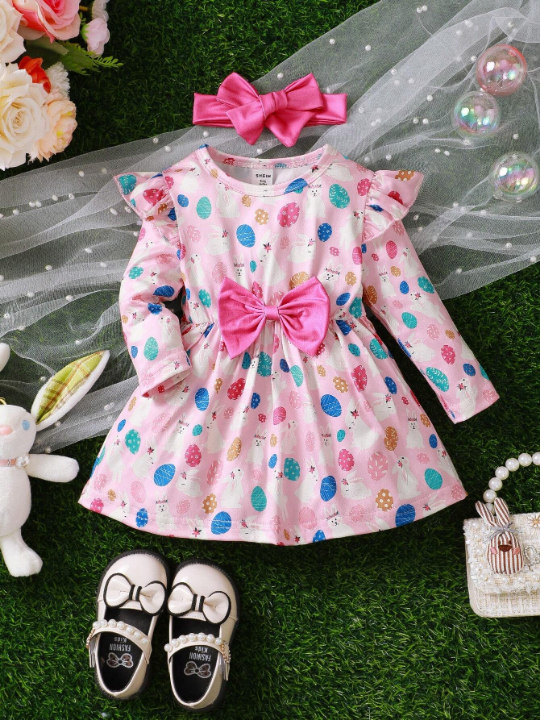 Easter Bunny & Egg Printed Ruffle Hem Dress With Decorative Bowknot For Baby Girls