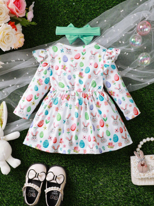 Baby Girls' Easter Bunny & Egg Printed Dress With Bow Decoration