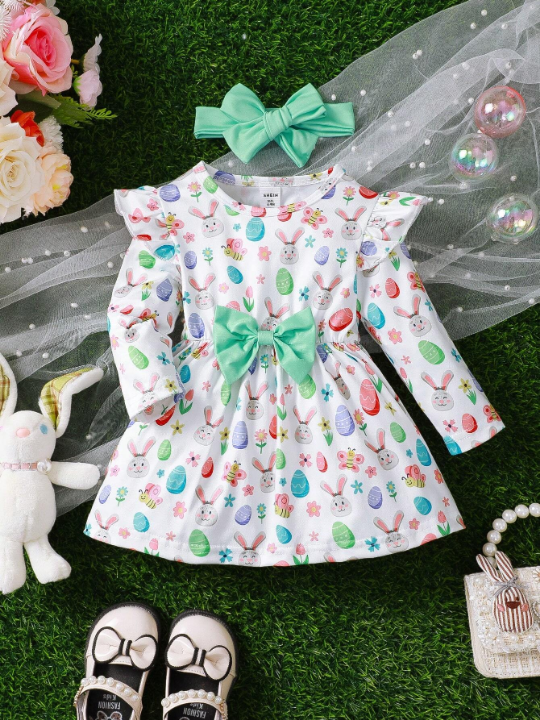 Baby Girls' Easter Bunny & Egg Printed Dress With Bow Decoration