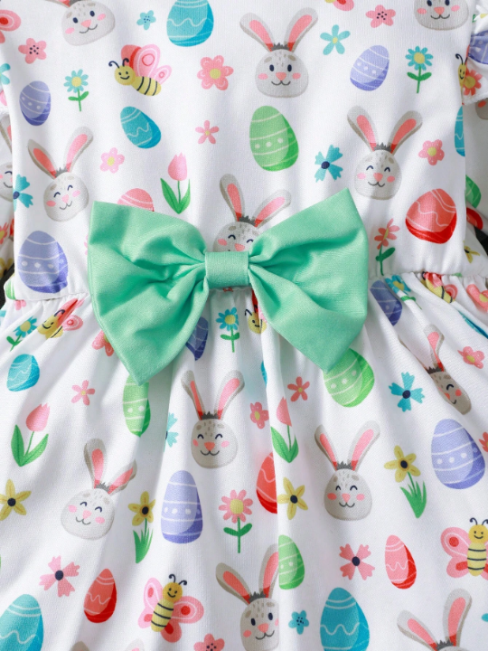 Baby Girls' Easter Bunny & Egg Printed Dress With Bow Decoration