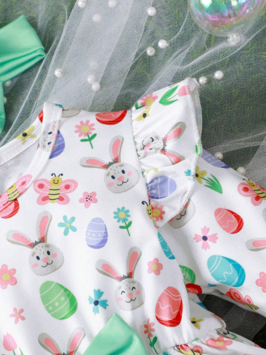 Baby Girls' Easter Bunny & Egg Printed Dress With Bow Decoration