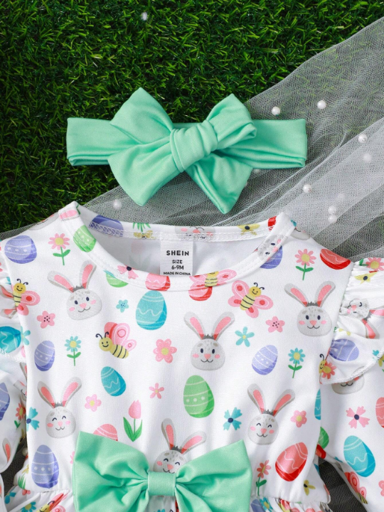 Baby Girls' Easter Bunny & Egg Printed Dress With Bow Decoration