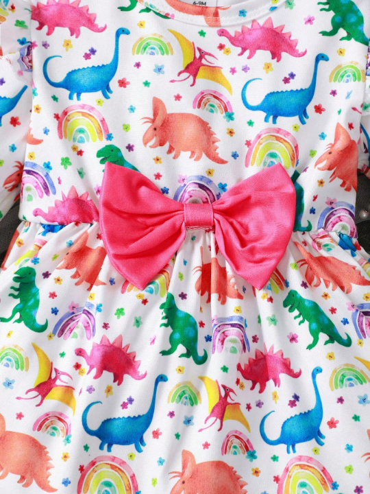 Baby Girls' Round Neck Dinosaur Printed Bowknot Long Sleeve Dress