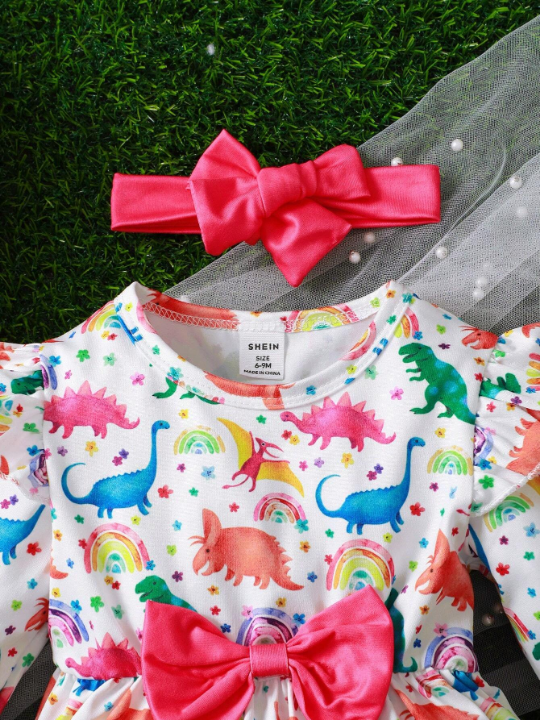 Baby Girls' Round Neck Dinosaur Printed Bowknot Long Sleeve Dress