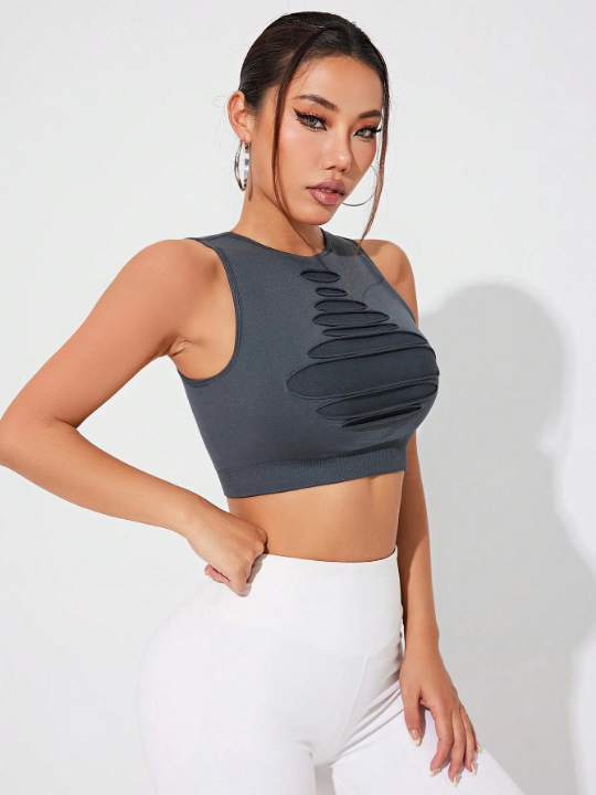 Yoga Basic Short Cropped Round Neck Running Tank Top With Distressed Design