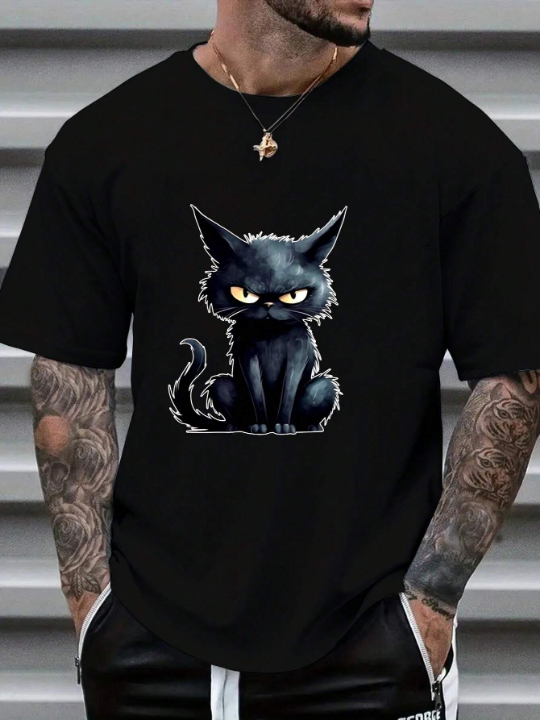 Men's Cartoon Cat Printed Short Sleeve T-Shirt