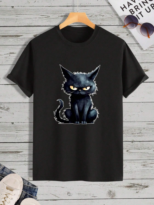 Men's Cartoon Cat Printed Short Sleeve T-Shirt