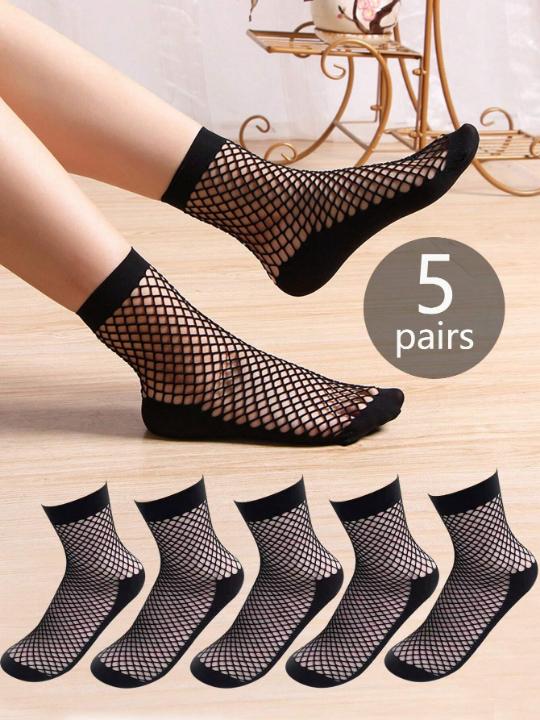 5 Pairs/Pack Thin Short Fishnet Socks For Summer, Anti-Skid Hollow Out Invisible Women's Ankle High Hosiery