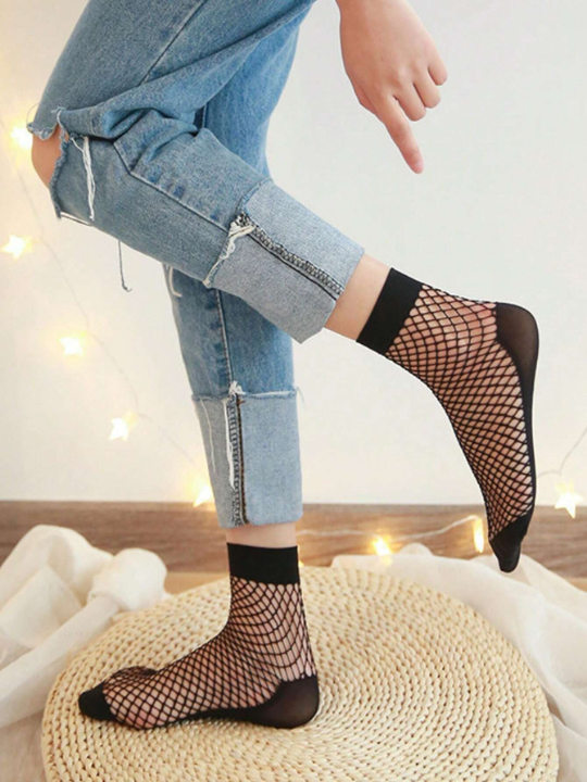 5 Pairs/Pack Thin Short Fishnet Socks For Summer, Anti-Skid Hollow Out Invisible Women's Ankle High Hosiery