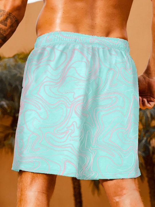 Manfinity Men's Printed Drawstring Waist Beach Shorts Summer Swimming,Surfing,Beach