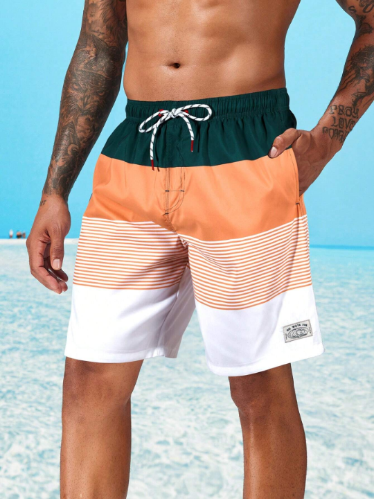 Manfinity Men's Fashionable Beach Shorts With Printed & Splicing Design, Perfect For Holiday Outfits