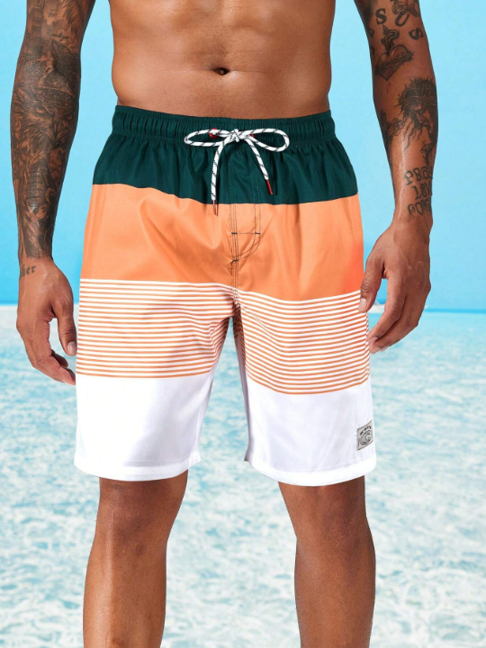 Manfinity Men's Fashionable Beach Shorts With Printed & Splicing Design, Perfect For Holiday Outfits