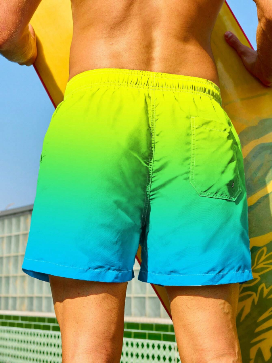 Manfinity Swimmode Men's Gradient Drawstring Waist Beach Shorts Summer Swimming,Surfing,Beach